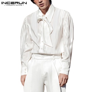 Áo sơ mi INCERUN dành cho nam vải lụa tay dài họa tiết kẻ sọc màu trắng mềm mại