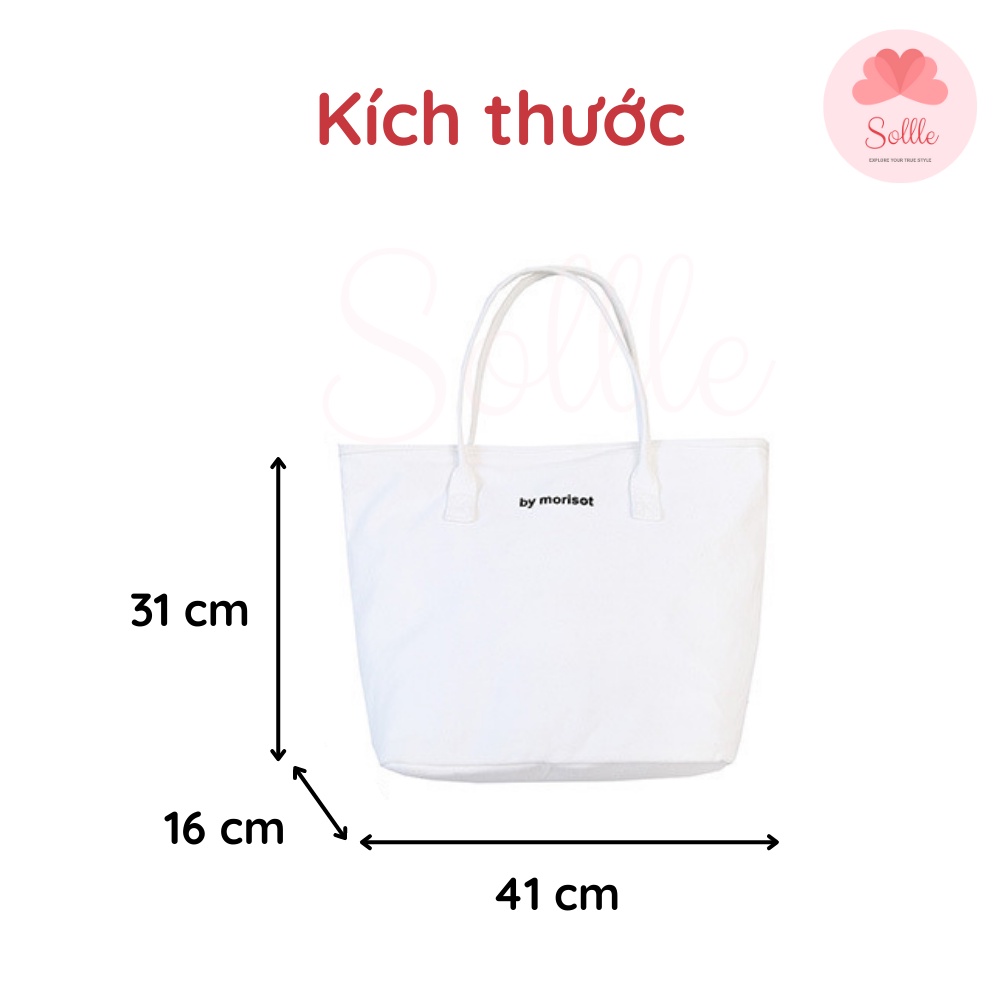 Túi tote đeo vai vải canvas ulzzang có khóa kéo, ngăn phụ in chữ BM Hàn Quốc Sollle