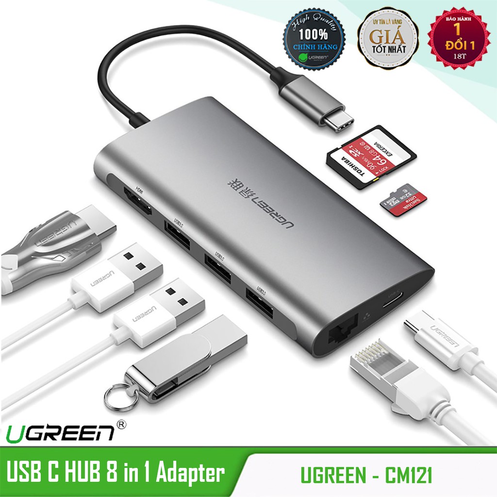 Hub USB Type-c ra HDMI, USB 3.0, Ethernet, TF/SD Card Cao Cấp UGREEN CM121