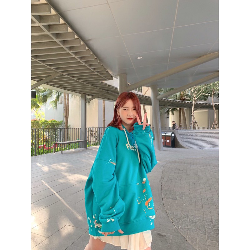 ÁO HOODIE VẨY SƠN THỦ CÔNG BY REE 2 MÀU ĐEN XANH NGỌC