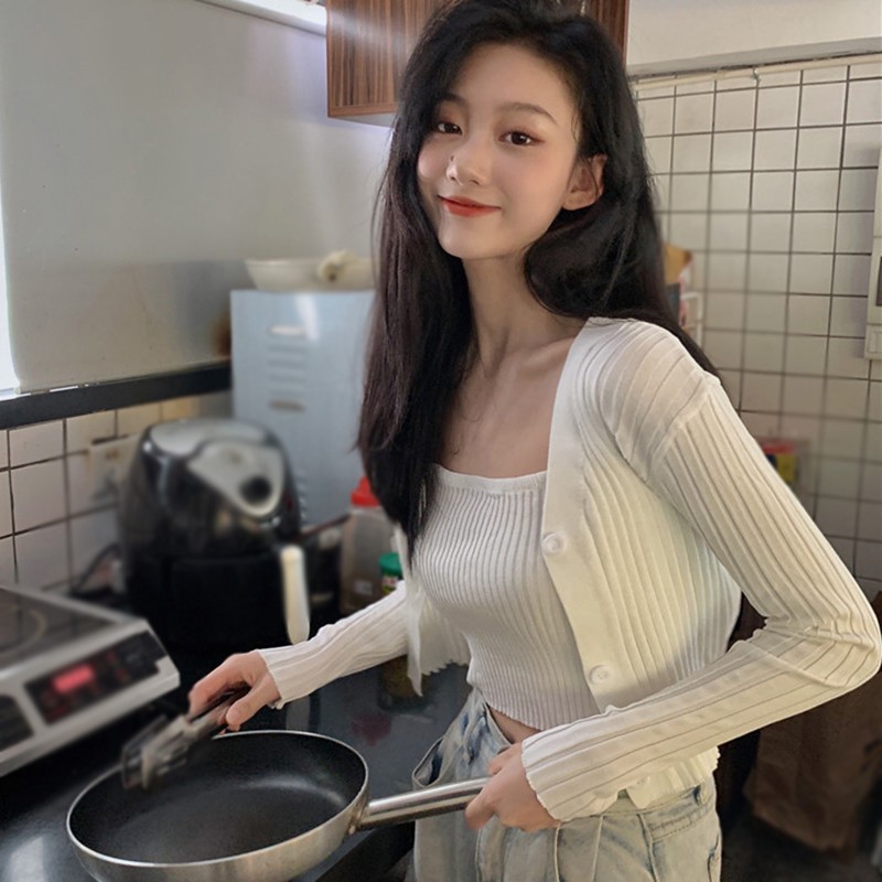 [Baywellfashion]Bộ áo hai dây + áo khoác cardigan màu trơn phối sọc gân phong cách quyến rũ cho phái nữ | BigBuy360 - bigbuy360.vn