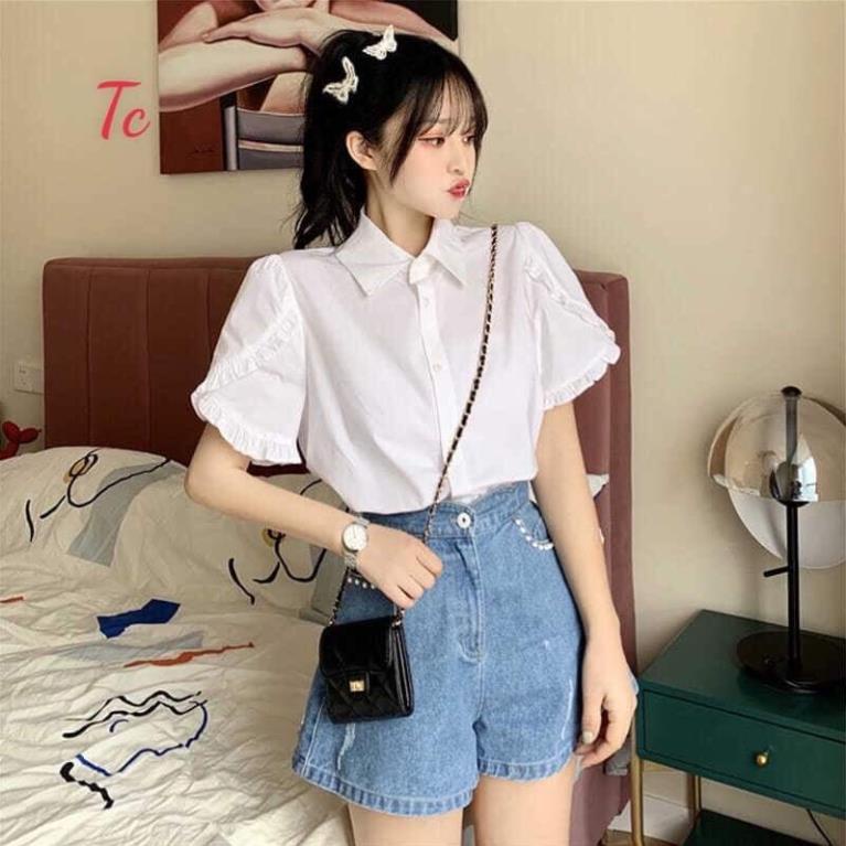 Áo sơ mi tay bồng trắng ngắn tay vạt bèo tc