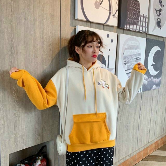ÁO KHOÁC NAM NỮ HOODIES PHỐI MÀU THUN NỈ FORM RỘNG IN HOẠT HÌNH CON VỊT SIÊU CUTE