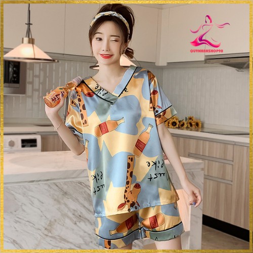 Bộ Lụa Ngủ, pijama Cộc Tay Mặc Nhà In Hình Họa Tiết Dễ Thương