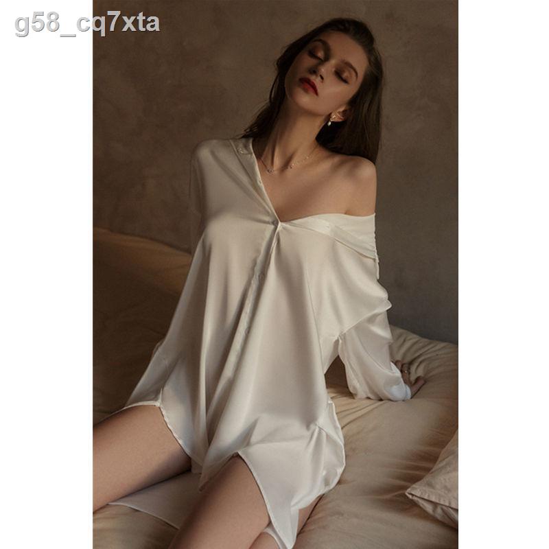 2021 new sexy pyjama nữ băng lụa mỏng phòng riêng váy ngủ dài giữa trong suốt có thể mặc áo sơ mi phong cách bạn t