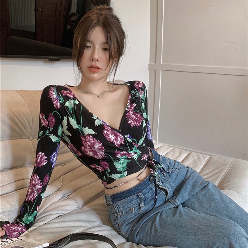 Áo Nữ Tay Dài Cổ Chữ v In Hoa Thời Trang