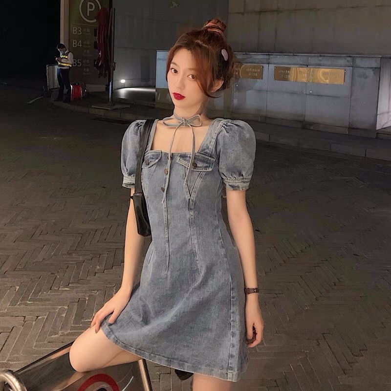 Đầm Jean, Áo Jean Tay Lỡ Kèm Cổ Áo Và Dây Nơ Thắt Rời- FREESHIP | BigBuy360 - bigbuy360.vn