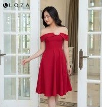 Đầm dáng xoè LOZA màu đỏ phối voan đính hoa trễ vai - LD2279