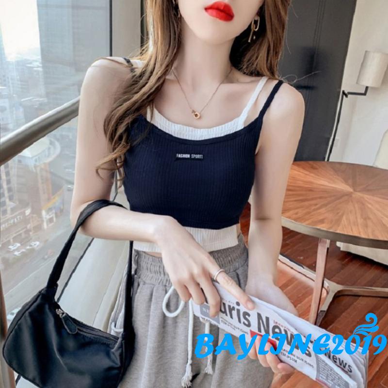 Áo thun nữ 2 dây giả hai lớp cổ chữ u màu sắc thời trang