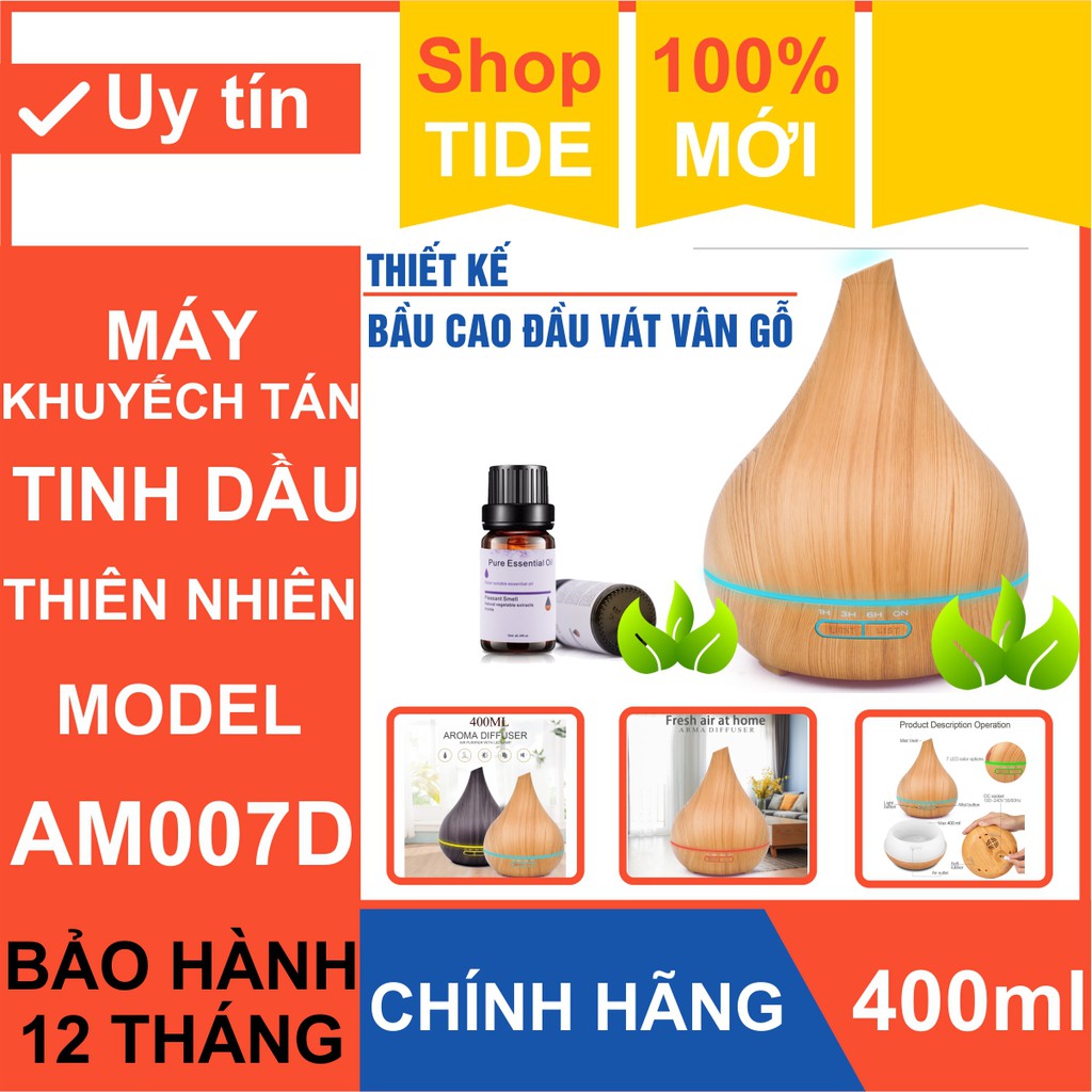 Thiết bị khuếch tán tinh dầu Aroma AM007D – Thiết kế bầu cao đầu vát – Dung tích 400ml - Led 7 màu – Bảo hành 1 năm