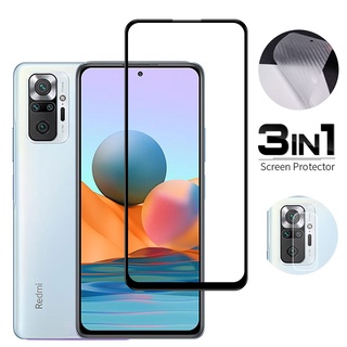 3 Trong 1 Kính Cường Lực+Bảo Vệ Camera+Dán Lưng Điện Thoại Cacbon Chống Vân Tay Cho Xiaomi Mi 10t 9t Pro Redmi Note 10 9 9s 8 7 Pro (có bán lẻ)