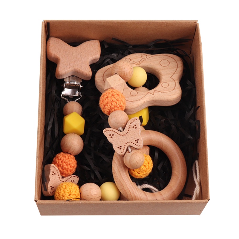 Bộ 2 Đồ Chơi Vòng Tay Lục Lạc Gỗ Phối Chuỗi Xích Gắn Núm Vú Giả Dễ Thương Cho Bé Mọc Răng