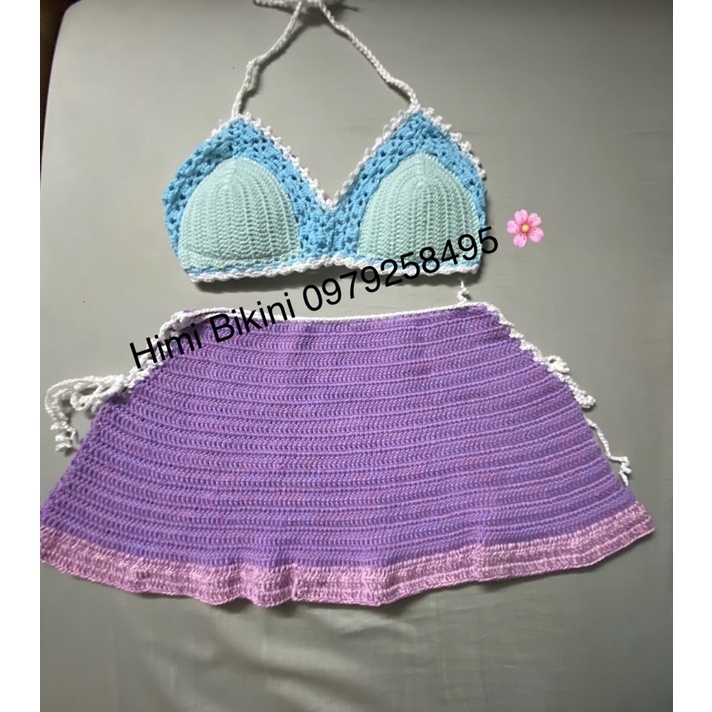 SET BIKINI VÁY MÓC LEN ÁO XANH VÁY TÍM PHỐI SB104
