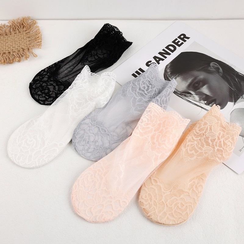 1 Đôi Tất Ren Mỏng Thoáng Khí Chống Trượt Họa Tiết Hoa Mận Cho Nữ