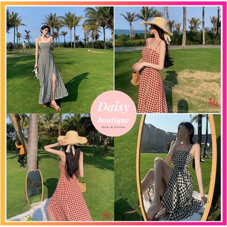 [Hàng Cao Cấp] Váy 2 Dây Chun Eo Khoá Sau Phối Đốm Trắng Chất Liệu Đũi Mát Mẻ Daisy Boutique
