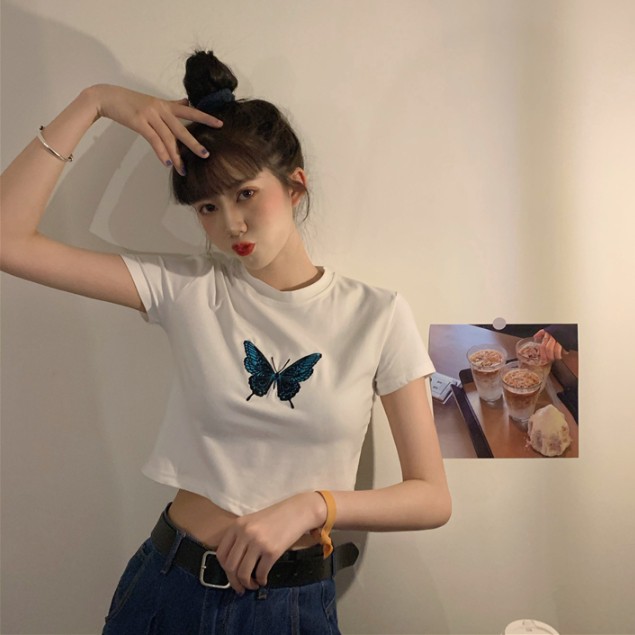 ÁO KIỂU NỮ - ÁO THUN CROPTOP THÊU HÌNH CÁNH BƯỚM XINH TRẮNG ĐEN