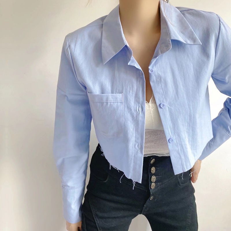 Áo Sơ Mi Nữ Croptop Thiết Kế Dài Tay Form Rộng Phối Túi Ngực Phong Cách Ulzzang Thời Trang Sugal SO MI NU 029V1