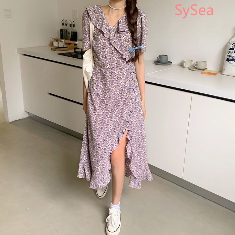 Đầm Voan Tay Ngắn Phối Bèo Thiết Kế Xẻ Tà Phong Cách Pháp Thanh Lịch Cho Nữ