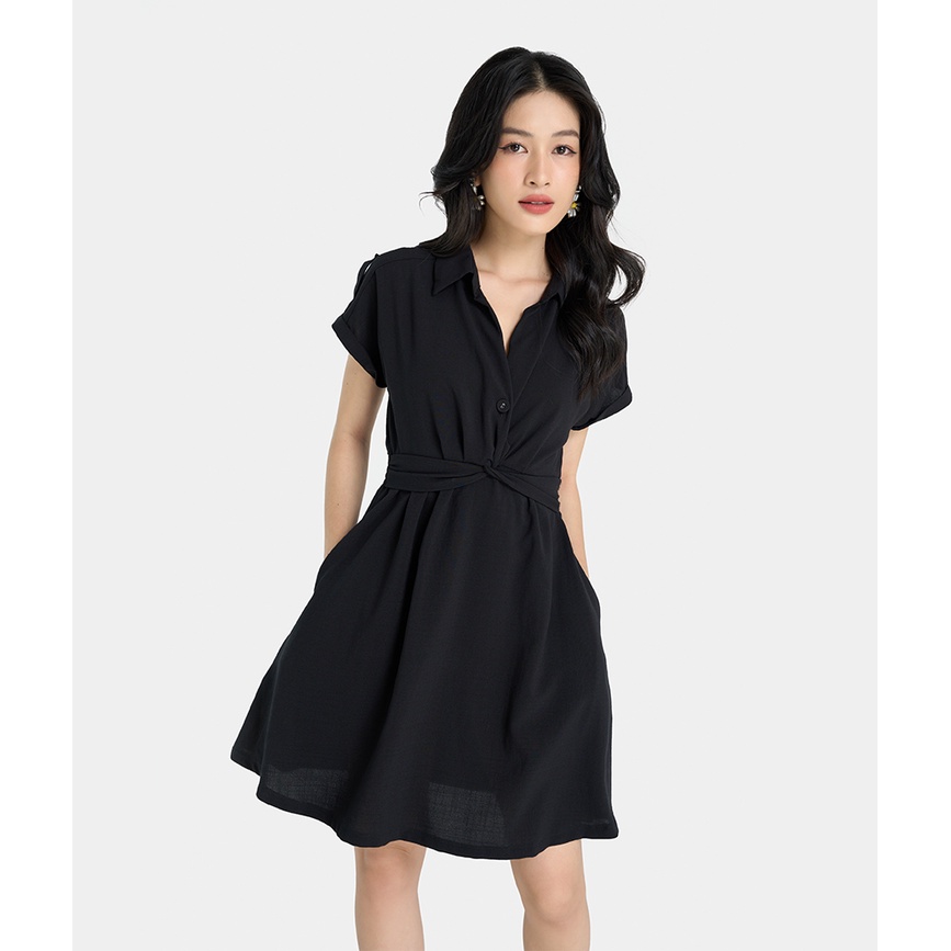 Đầm Ngẵn Nữ Thời Trang HNOSS Cổ Sơmi Tay Ngắn Xoắn Eo HNDLU056