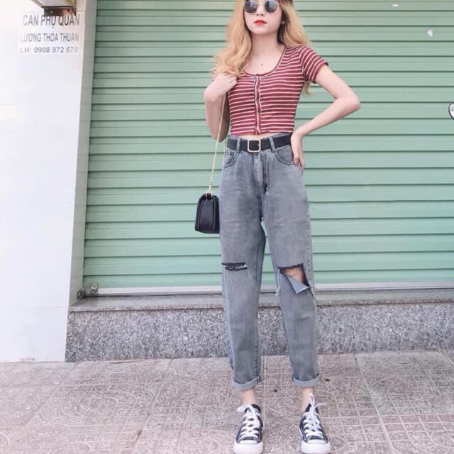 Quần  Baggy Jeans Xám Rách PT