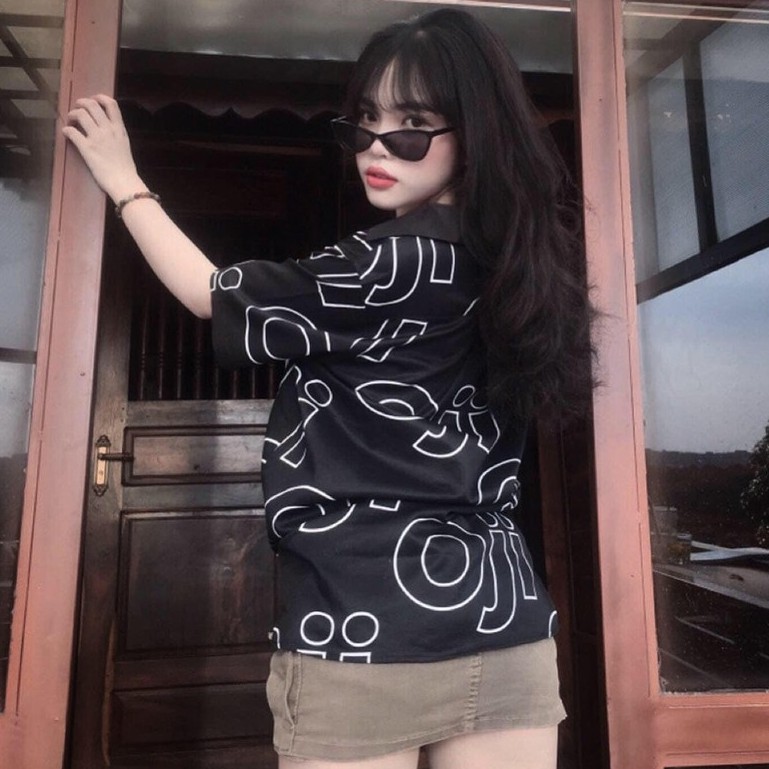 Áo sơ mi họa tiết Multi Oji Logo đen Nam Nữ vải lụa Twill cao cấp thoáng mát, form rộng thời trang | BigBuy360 - bigbuy360.vn