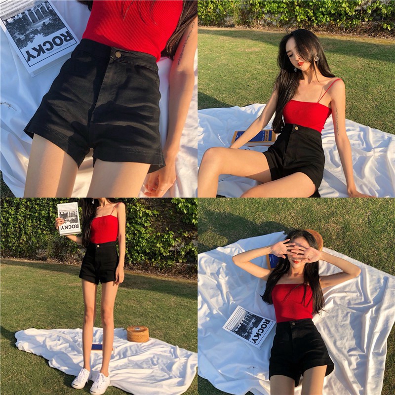 IELGY    Quần Short denim Lưng Cao Co Giãn Màu Sắc Đơn Giản Dành Cho Nữ