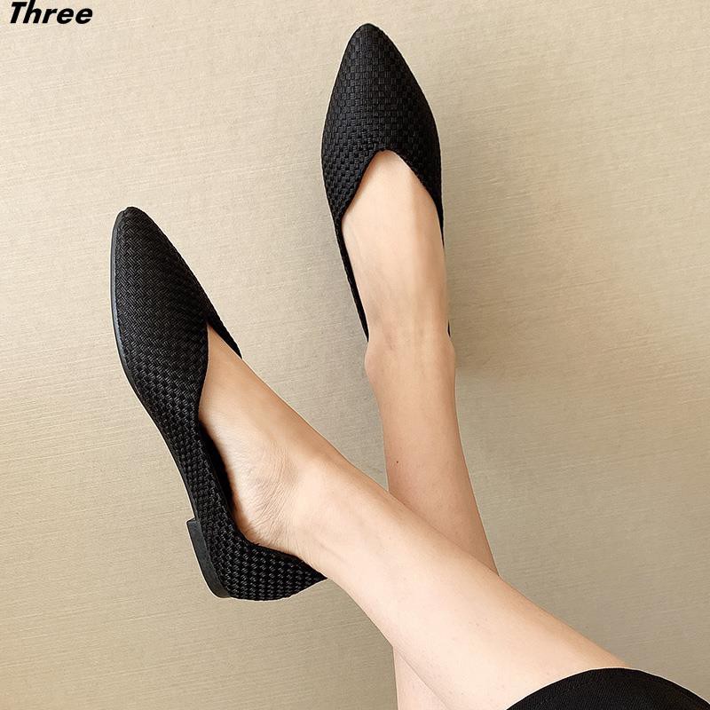 Women's shoes, single shoes, ladies pointed toe Roman style shallow mouth weave fashion all-match solid color grandma shoes