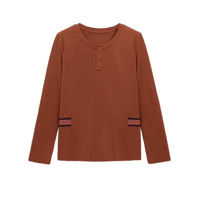Áo thun cotton cổ tròn tay dài plus size cho phụ nữ trung niên
