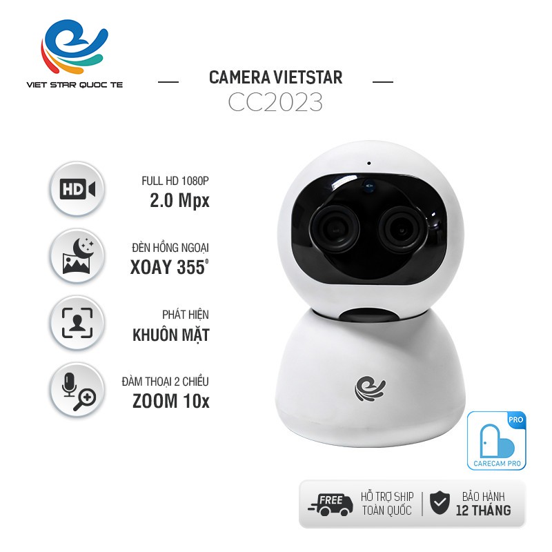 Camera WiFi IP VIET STAR CC2023- Độ phân giải 2.0 MP full HD 1080P- Quay 355° chuyển động theo người- Zoom xa 10x