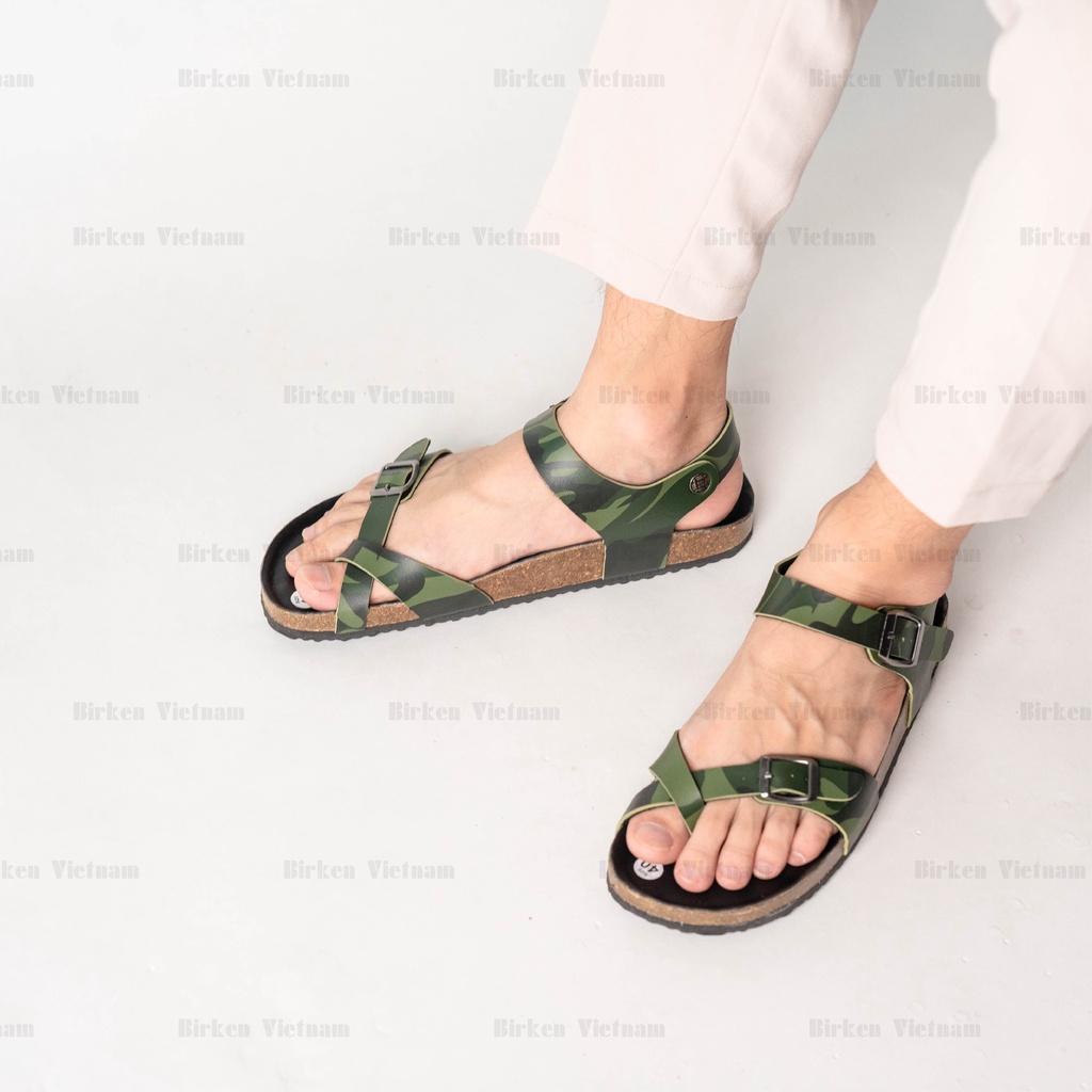 Mã R14 Sandal ĐẾ TRẤU Da PU Camo Rằn Ri Quai Chéo Xỏ Ngón Unisex Birken Vietnam Bioline