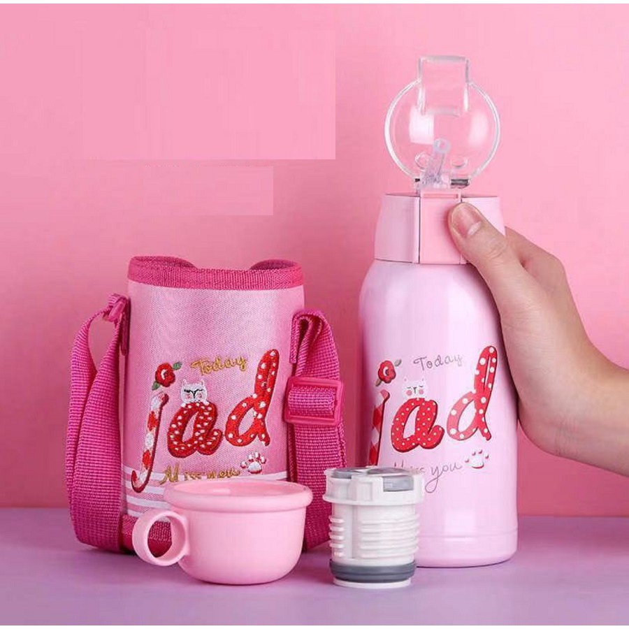 Bình giữ nhiệt trẻ em có ống hút, hiển thị nhiệt độ lõi inox 304 dung tích 500ml - Có kèm túi vải