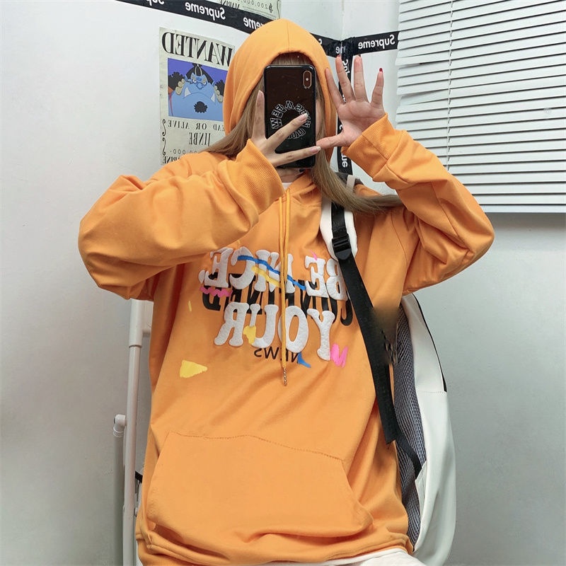 ZHELIHANGFEI Áo len in áo len tay dài kiểu dáng rộng theo phong cách sinh viên