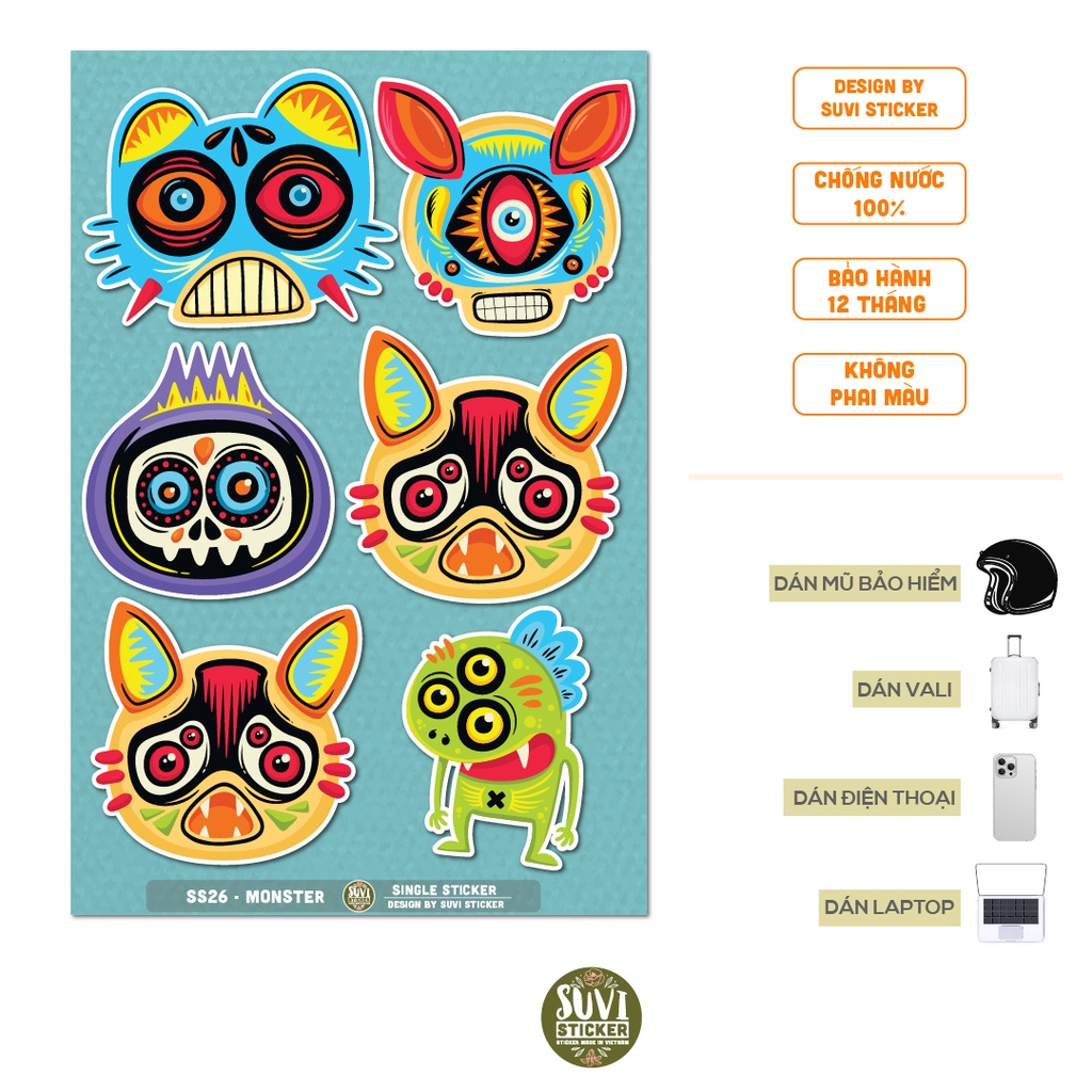 STICKER LẺ - Sticker Monster dán mũ bảo hiểm, laptop, điện thoại, vali. MSP: SS26