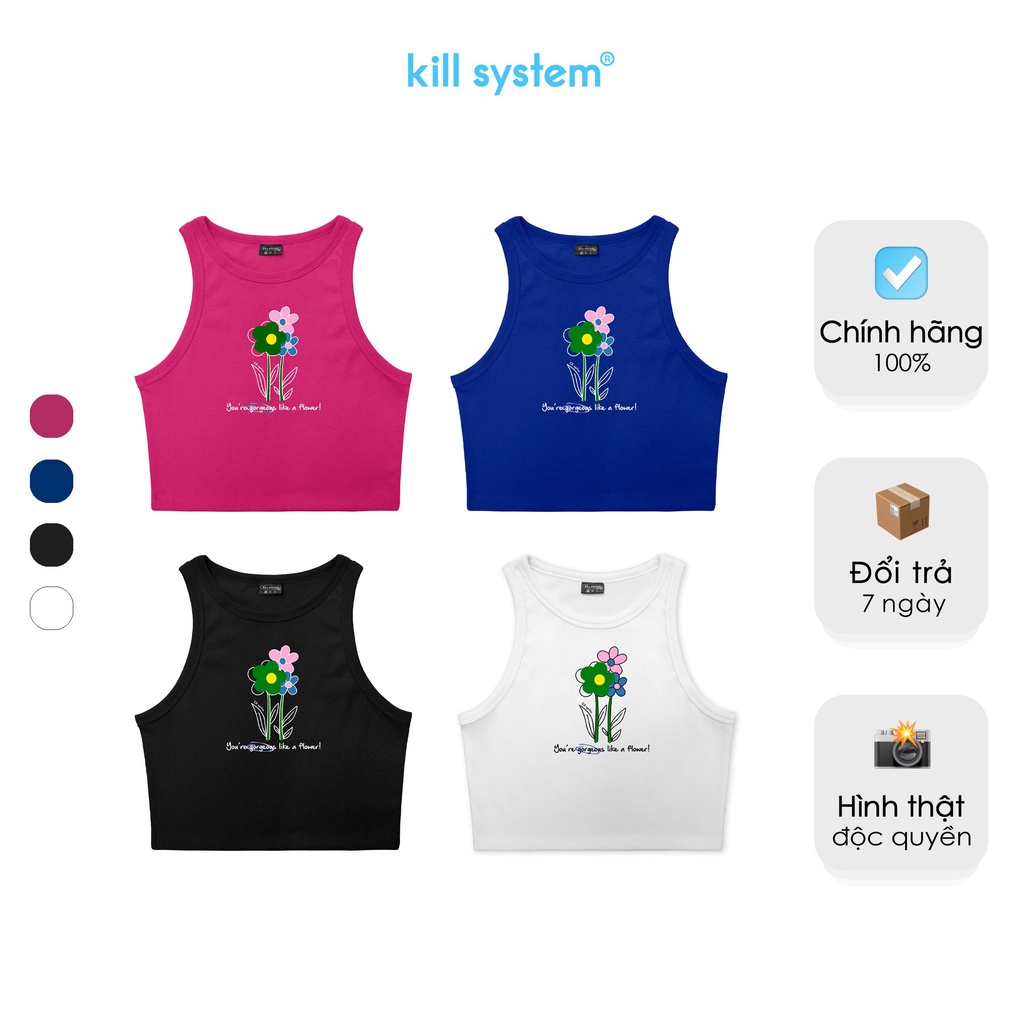 Áo thun croptop ba lỗ y2k sát nách form rộng, trơn in hình hoa, chất thun gân co giãn, nhiều màu Kill System