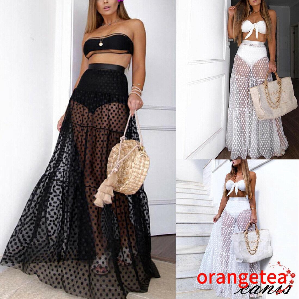 Chân Váy Lưng Cao Trong Suốt Họa Tiết Chấm Bi Thời Trang Mùa Hè