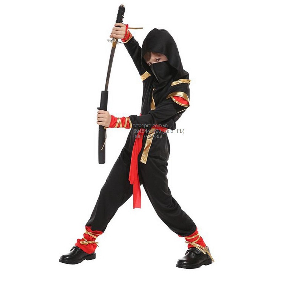 Bộ hóa trang Ninja kiểu quần áo liền thân kèm mũ chùm đầu, đai cho bé