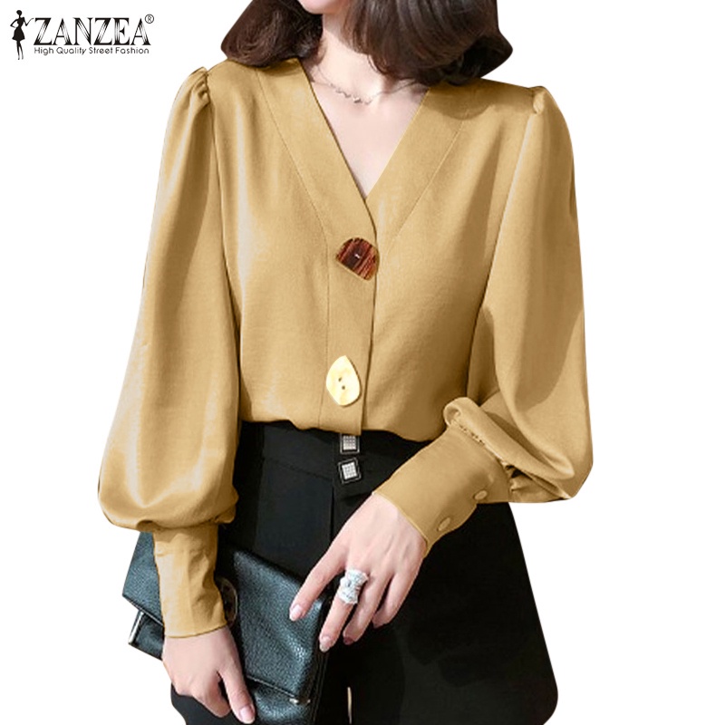 Áo kiểu ZANZEA cổ chữ V tay dài màu trơn thanh lịch phong cách Hàn Quốc thời trang đường phố dành cho bạn nữ