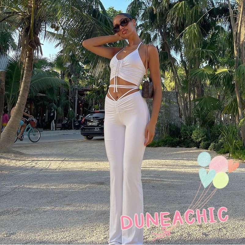 DUNEA Set Đồ 2 Món Áo Tank Top Trơn Thắt Nơ Eo Và Quần Dài Màu Trơn Cho Nữ