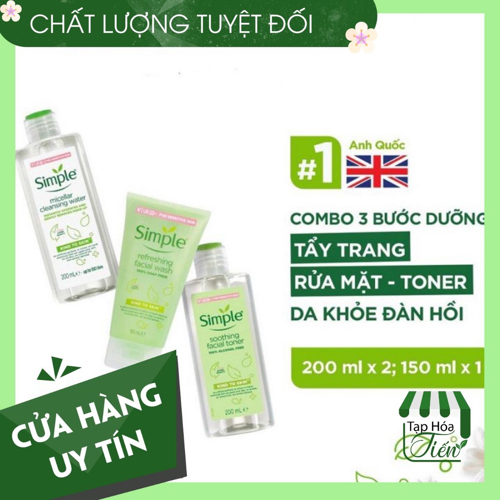 Combo Simple Bộ 3 Tẩy trang 200ml + Sữa rửa mặt 150ml + Nước hoa hồng 200ml cho da sạch khỏe đàn hồi