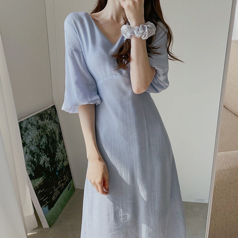 đầm maxi cổ v tay bồng