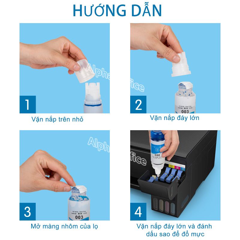 Bộ 4 MÀU mực in đa năng 003 CYMK-Xanh đỏ vàng đen-Mực In Refill Epson 003- Epson L1110 – L1210 -L3110!!!!!