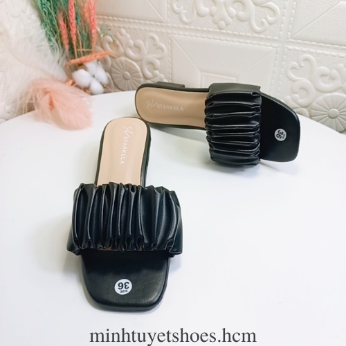 Dép nữ đế vuông cao 3cm quai ngang nhún bèo xinh xắn 4 màu đen trắng xanh hồng Minhtuyetshoes