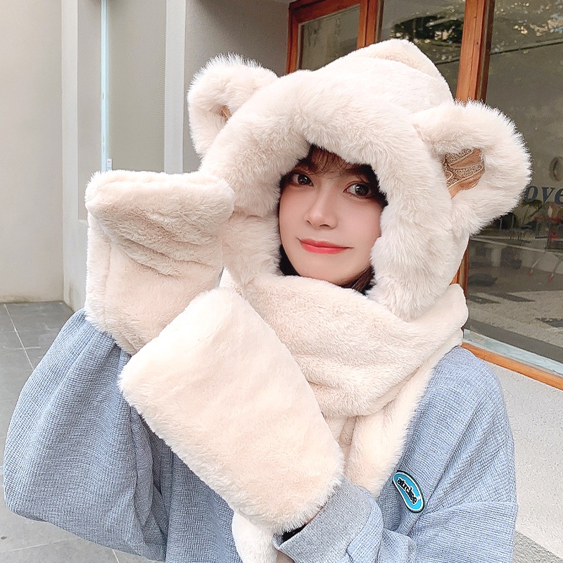 Mũ trùm đầu tích hợp khăn choàng giữ ấm tay thời trang mùa đông 2021 cho nữ