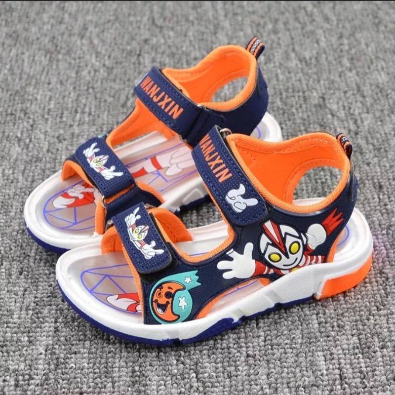 Có đèn led Sandal giày dép quai hậu xăng đan quai dán cho bé trai hình siêu nhân điện quang người nhện có đèn phát sáng