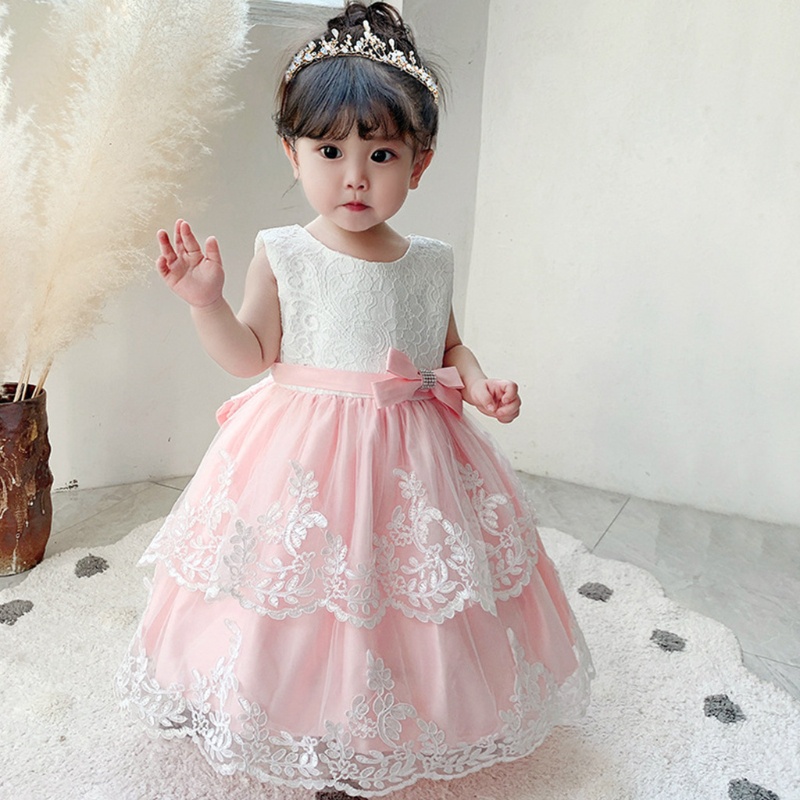 Đầm Công Chúa Không Tay Vải Tuyn Đính Nơ Phối Ren Thêu Hoa Dễ Thương Cho Bé Gái