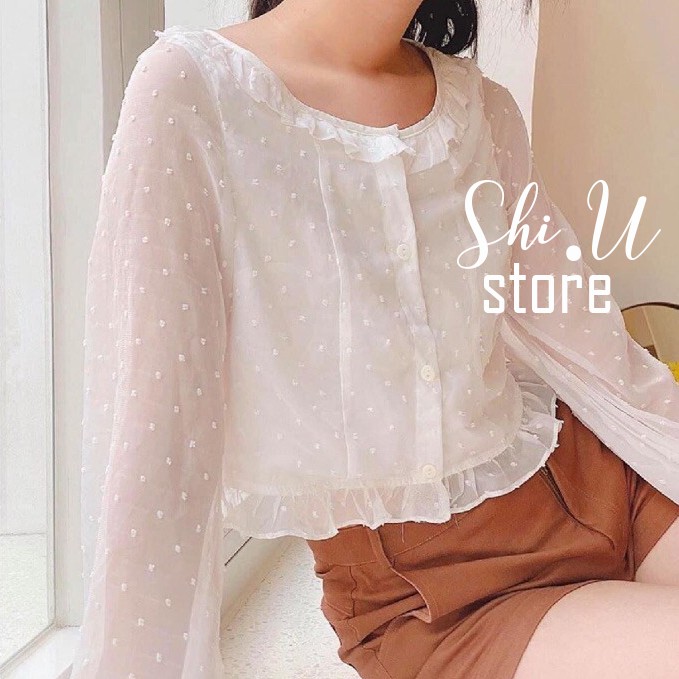 [ảnh thật] Áo Sơ Mi Nữ Kiểu Croptop Tay Phồng Chấm Bi Bánh Bèo Xinh Xắn A01