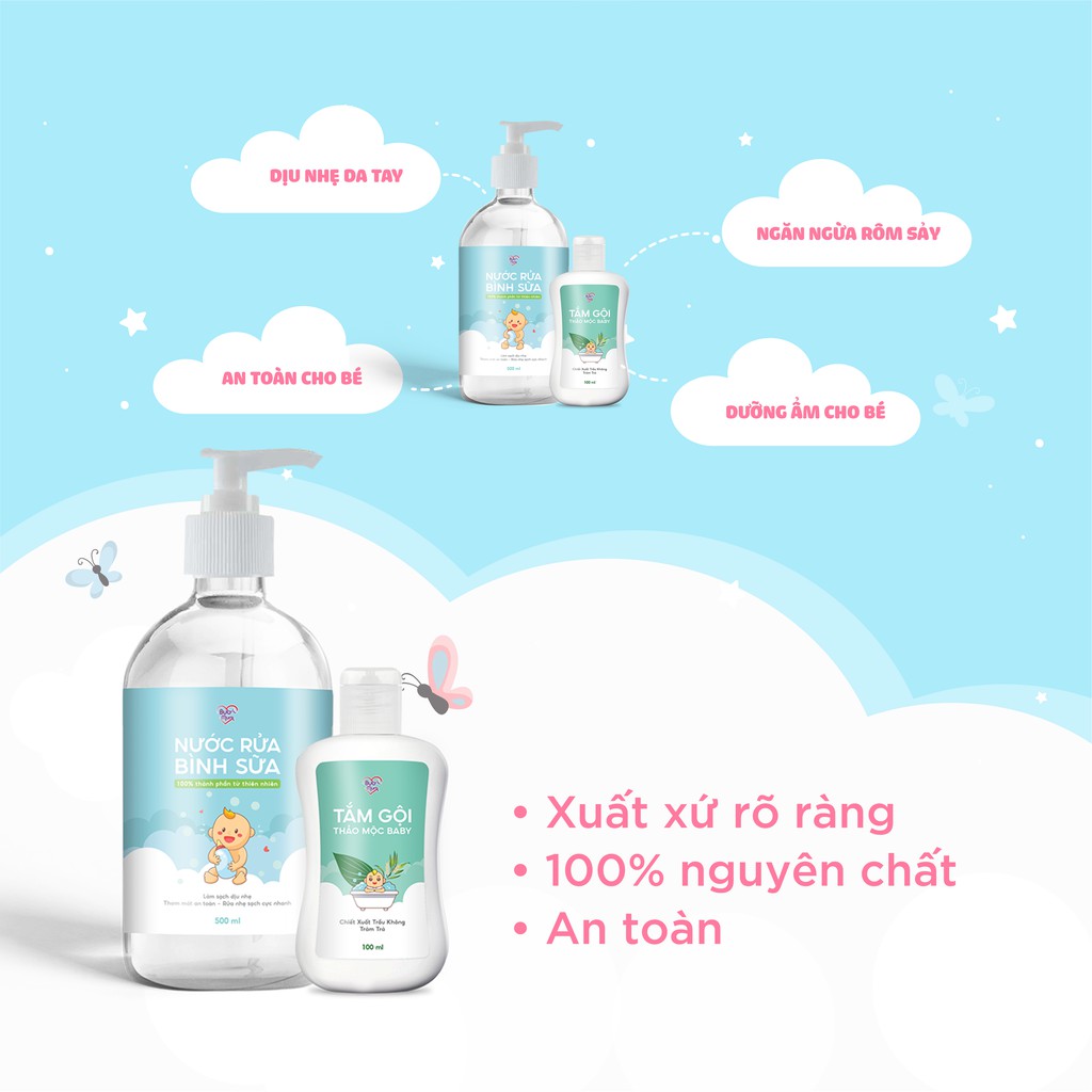 Combo Nước rửa bình sữa thiên nhiên 500ml và Sữa tắm gội cho bé chiết xuất thảo mộc Trầu không - Tràm trà 100ml BuB&amp;MuM