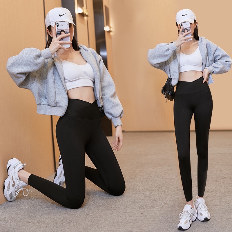 Quần Legging cạp chéo đen trơn ôm bụng tôn dáng