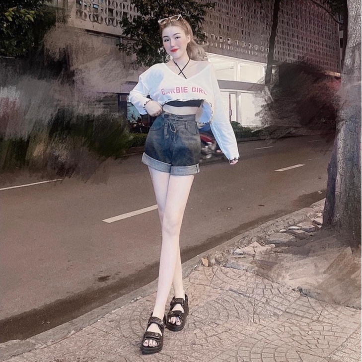Quần short jean lưng cao cạp cột dây quần đùi jean gấp lai