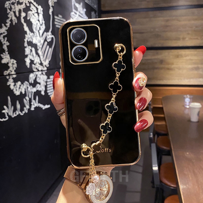 Ốp Điện Thoại Mềm Mạ Điện Có Vòng Đeo Tay Bảo Vệ Ống Kính Máy Ảnh Cho Realme C55 C35 C31 C30 C33 OPPO A78 A58 A17 A77 A57 A77S